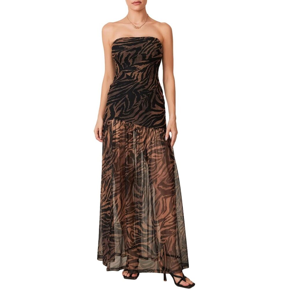 Shein Women’s Tube Maxi Dress Sexy Mesh High Slit Size M Tiger Animal Print 90s